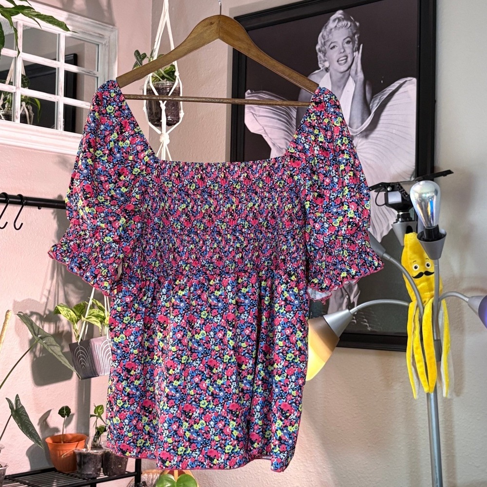 Shein Curve Floral Smocked Square Neck Puff Sleeve Top Blouse 2XL Pink Blue